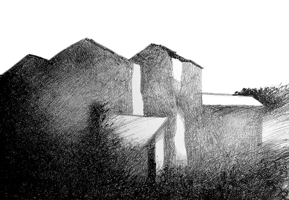 Illustrazione di paesaggio eseguita attraverso la tecnica della stampa litografica.