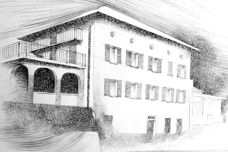 Illustrazione a matita, rifinita digitalmente, per l’etichetta di un vino prodotto dal ristorante Veranda, raffigurato nell'immagine. Creato per promuovere il vino e il ristorante.