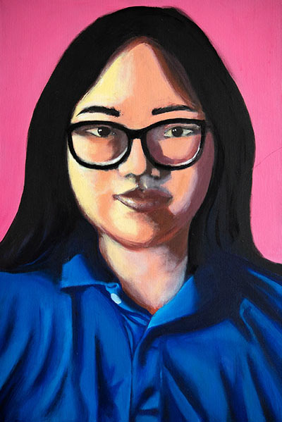 Ritratto di Tina, olio su tela. Un'illustrazione in stile contemporaneo.