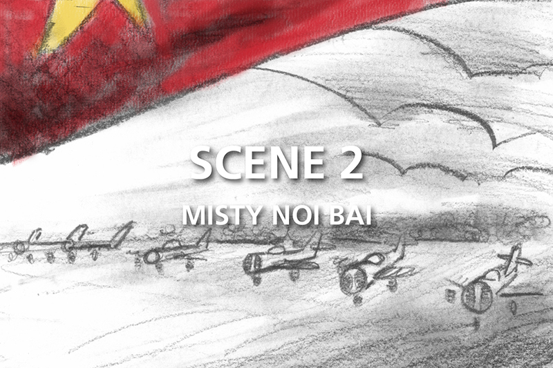 Film documentario in 3D sulla guerra aerea del Vietnam. Schizzo eseguito a matita per lo storyboard del film. Scena 2: Misty Noi Bay.