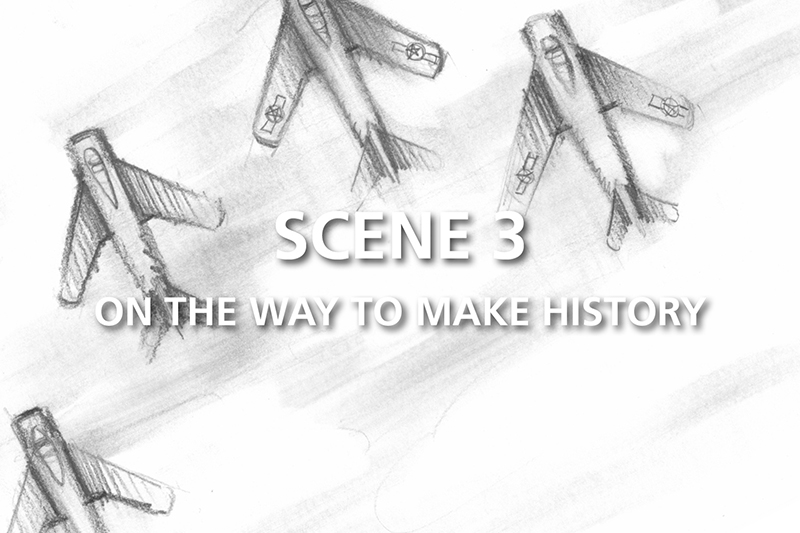Film documentario in 3D sulla guerra aerea del Vietnam. Schizzo eseguito a matita per lo storyboard del film. Scena 3: On the Way to Make History.