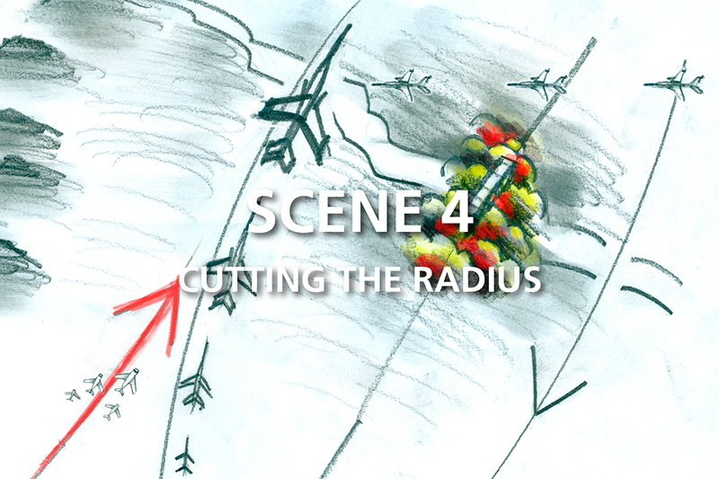 Film documentario in 3D sulla guerra aerea del Vietnam. Schizzo eseguito a matita per lo storyboard del film. Scena 4: Cutting the Radius.