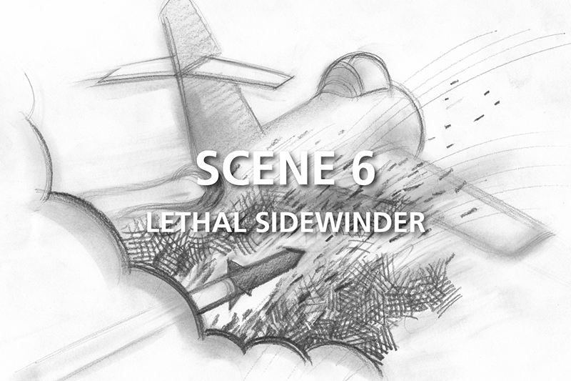 Film documentario in 3D sulla guerra aerea del Vietnam. Schizzo eseguito a matita per lo storyboard del film. Scena 6: Lethal Sidewinder.