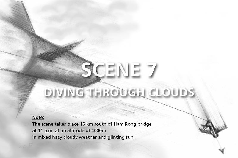 Film documentario in 3D sulla guerra aerea del Vietnam. Schizzo eseguito a matita per lo storyboard del film. Scena 7: Diving Through Clouds.