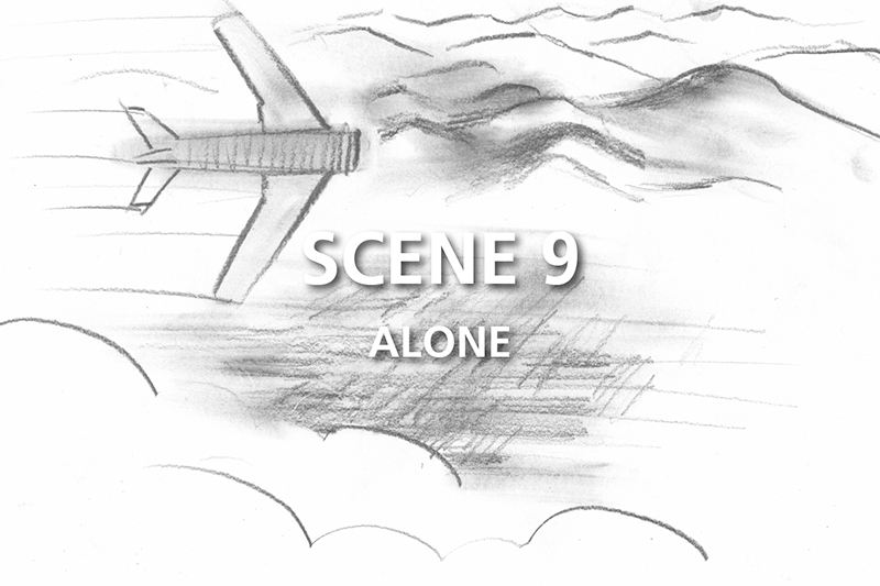 Film documentario in 3D sulla guerra aerea del Vietnam. Schizzo eseguito a matita per lo storyboard del film. Scena 9: Alone.